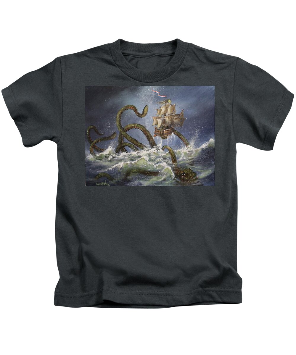 Kraken Kids T-Shirt featuring the painting Sea Monster by Tom Shropshire