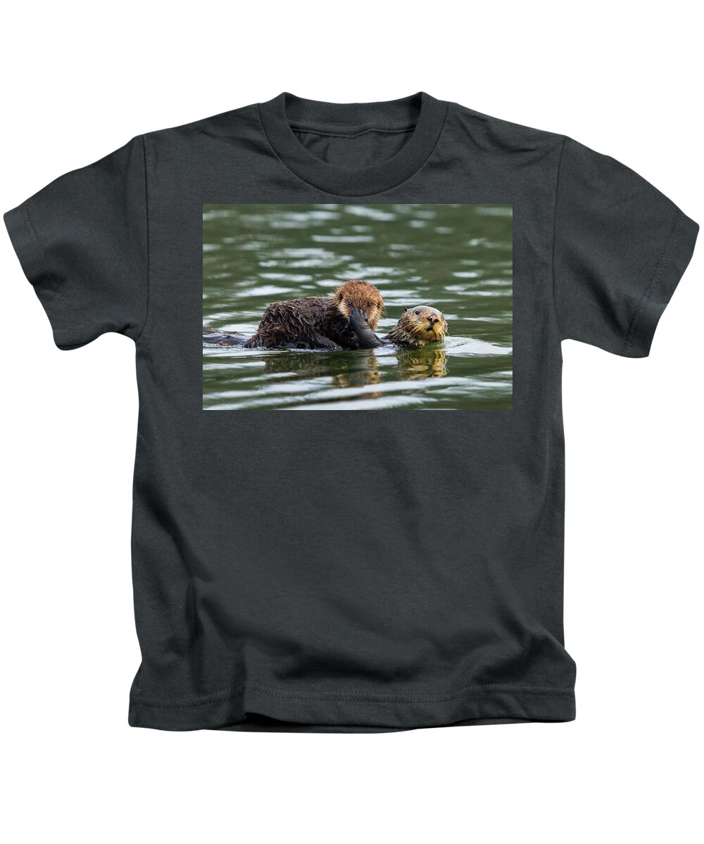 Sebastian Kennerknecht Kids T-Shirt featuring the photograph Sea Otter Mother Carrying Pup, Elkhorn Slough by Sebastian Kennerknecht