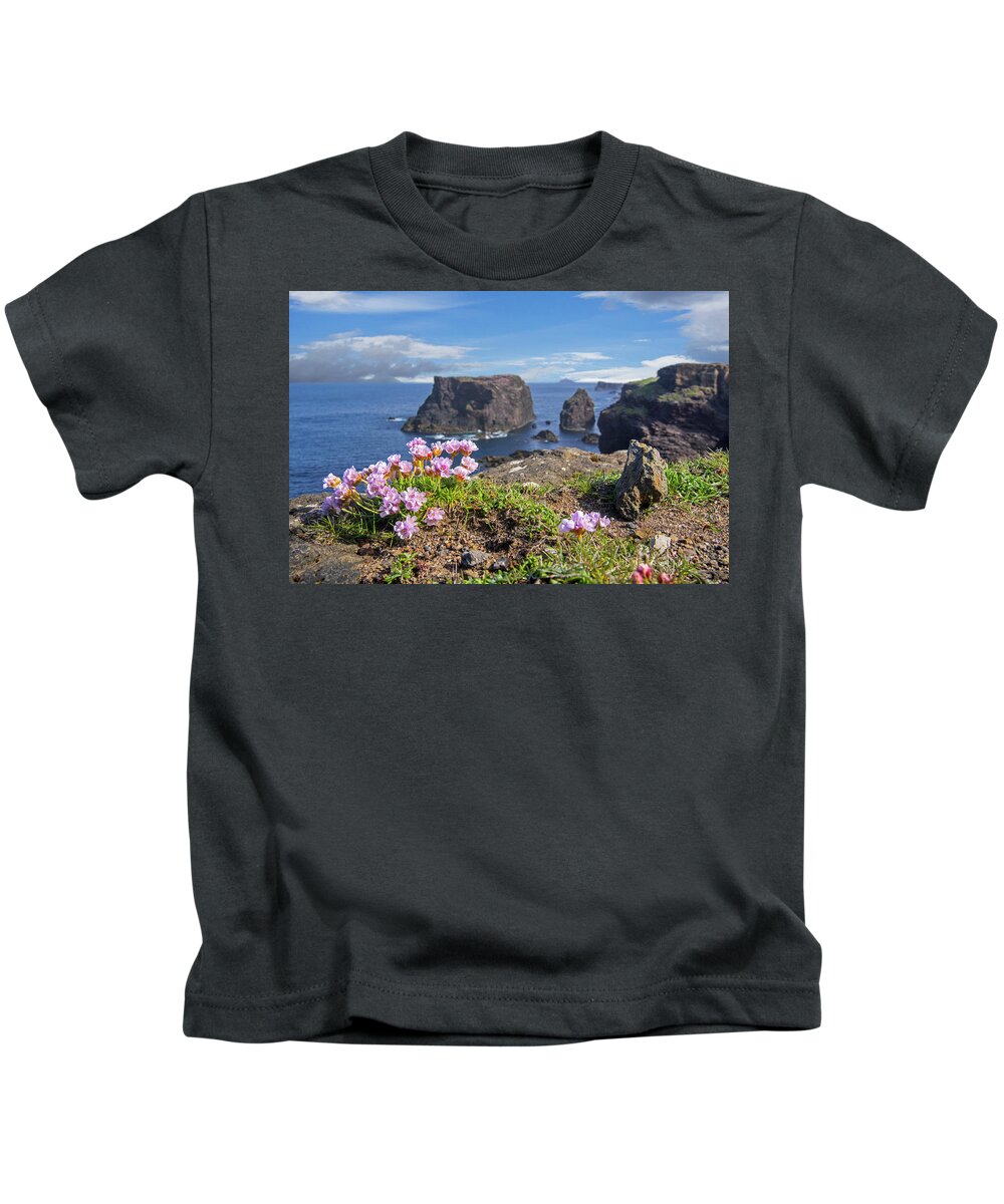 Sea Pink Kids T-Shirt featuring the photograph Sea Pink Flowers on Scottish Cliff Top by Arterra Picture Library