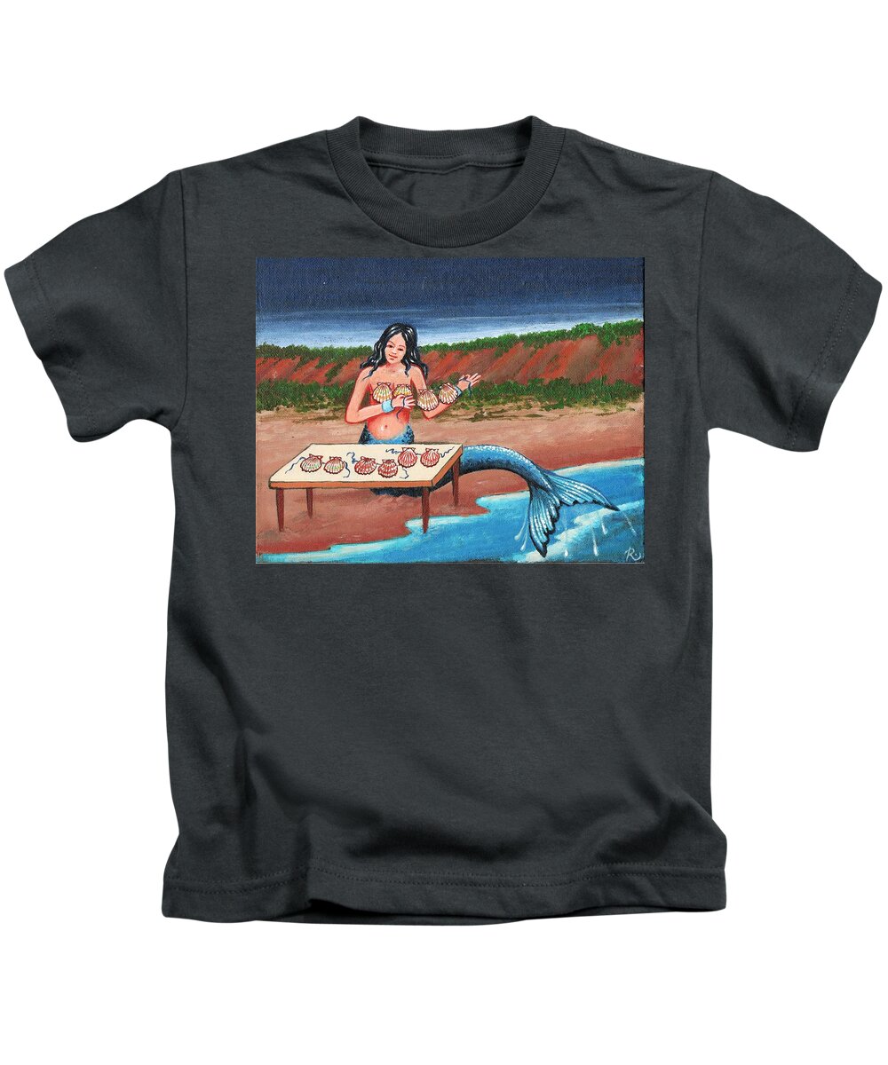 Mermaids Kids T-Shirt featuring the painting Sheila sells seashells by the seashore by James RODERICK