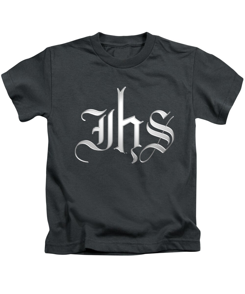 Silver Christogram Ihs Symbol For Jesus Christ Kids T-Shirt featuring the digital art Silver Christogram IHS Symbol for Jesus Christ by Rose Santuci-Sofranko