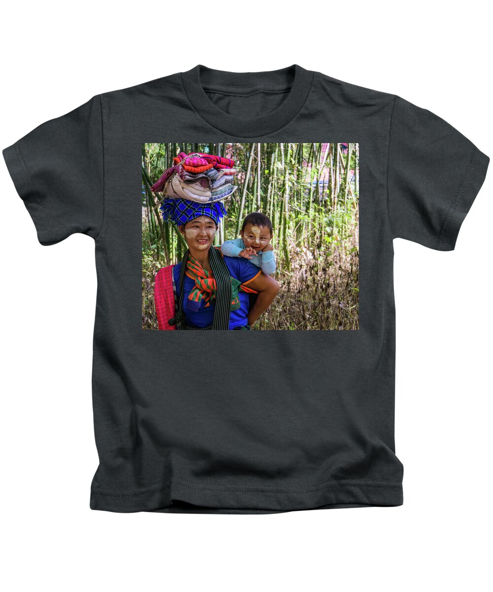 Woman Kids T-Shirt featuring the photograph smiling Burmese mother with her laughing baby by Ann Moore