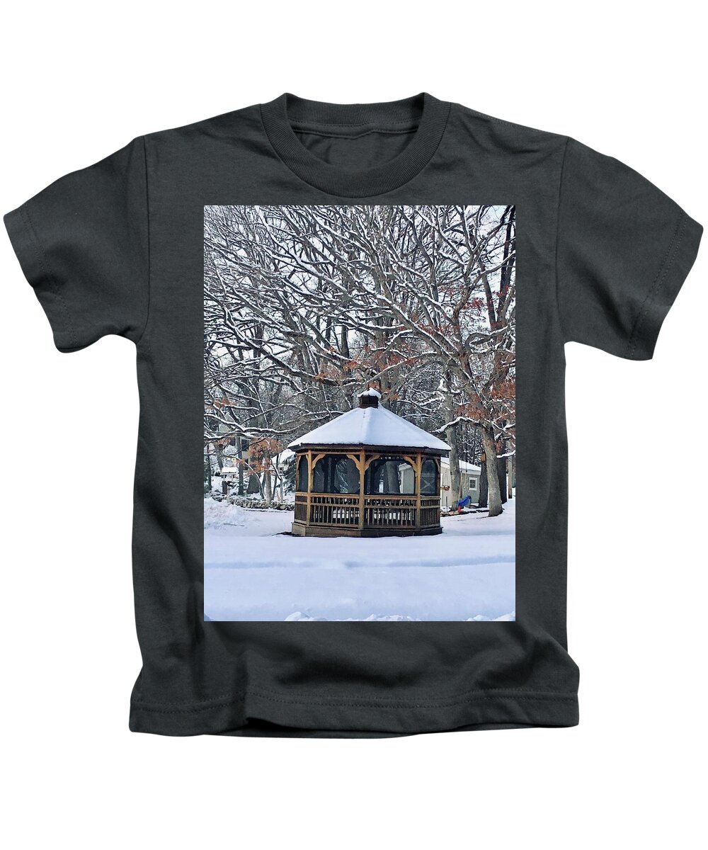 Landscape Kids T-Shirt featuring the photograph Snow-Covered Gazebo and Trees by Lisa Pearlman