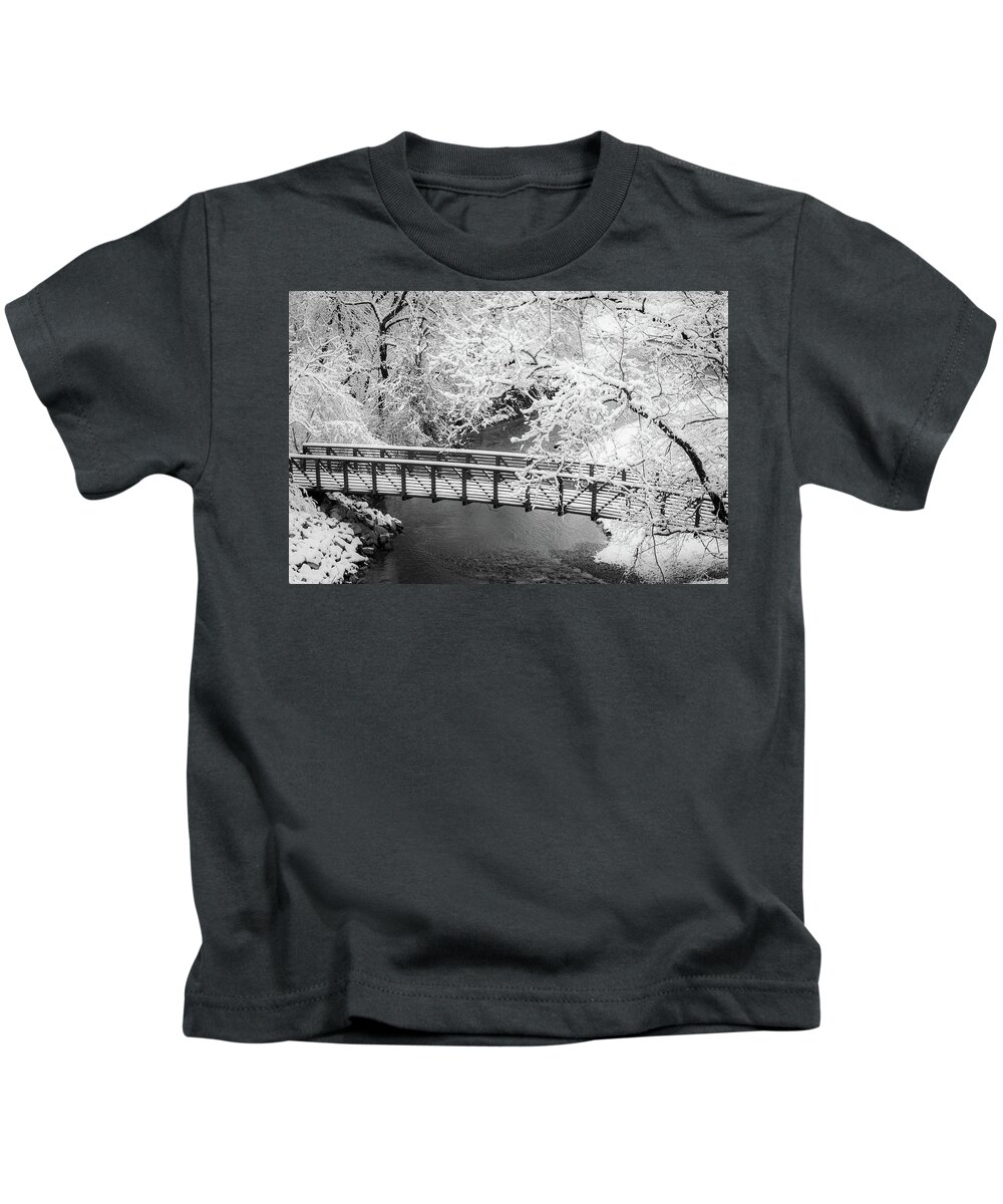 Johnson County Kids T-Shirt featuring the photograph Snowy Bridge On Mill Creek by Jeff Phillippi