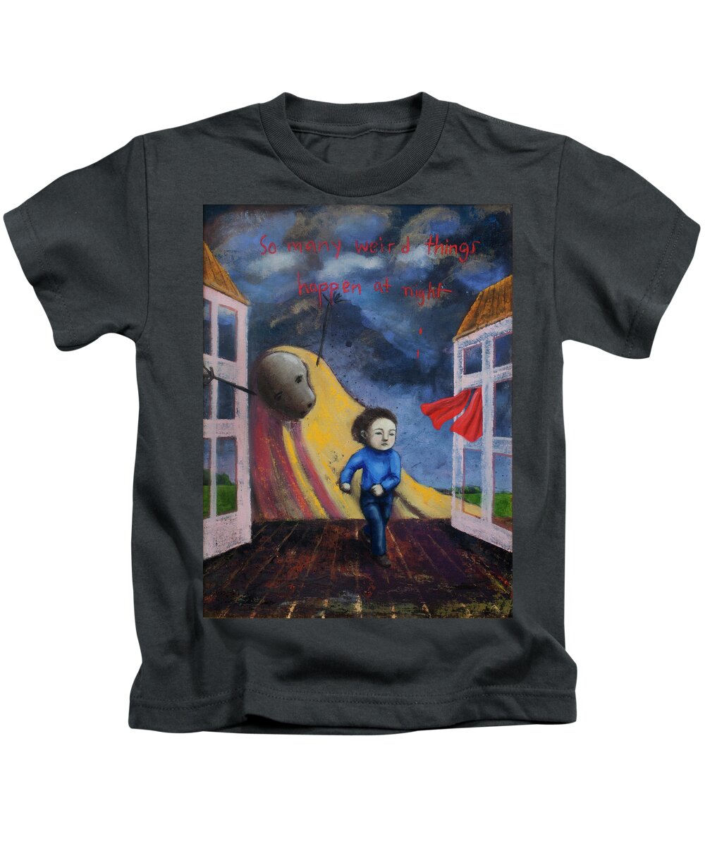 Text Kids T-Shirt featuring the painting So Many Weird Things Happen at Night by Pauline Lim