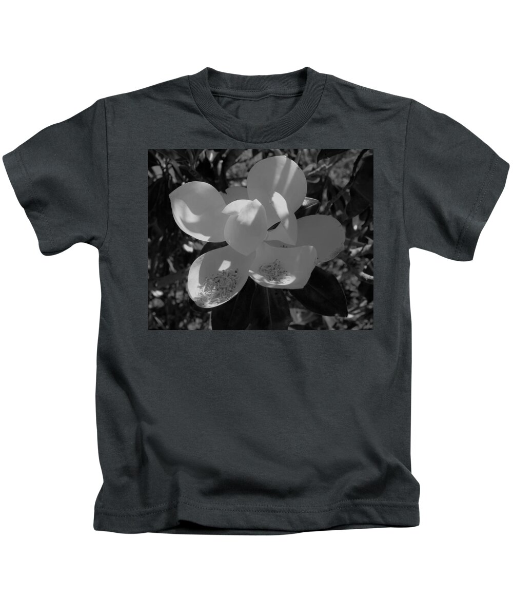 Southern Magnolia Black White Kids T-Shirt featuring the photograph Southern Magnolia in Black and White by Philip And Robbie Bracco