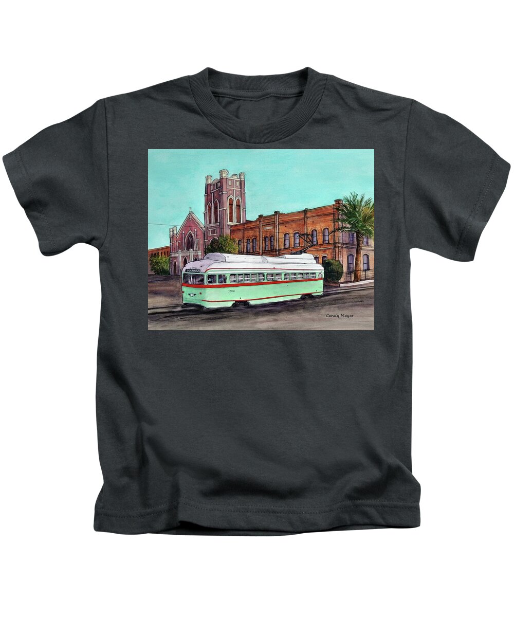 Acrylic Kids T-Shirt featuring the painting Streetcar and Sacred Heart by Candy Mayer