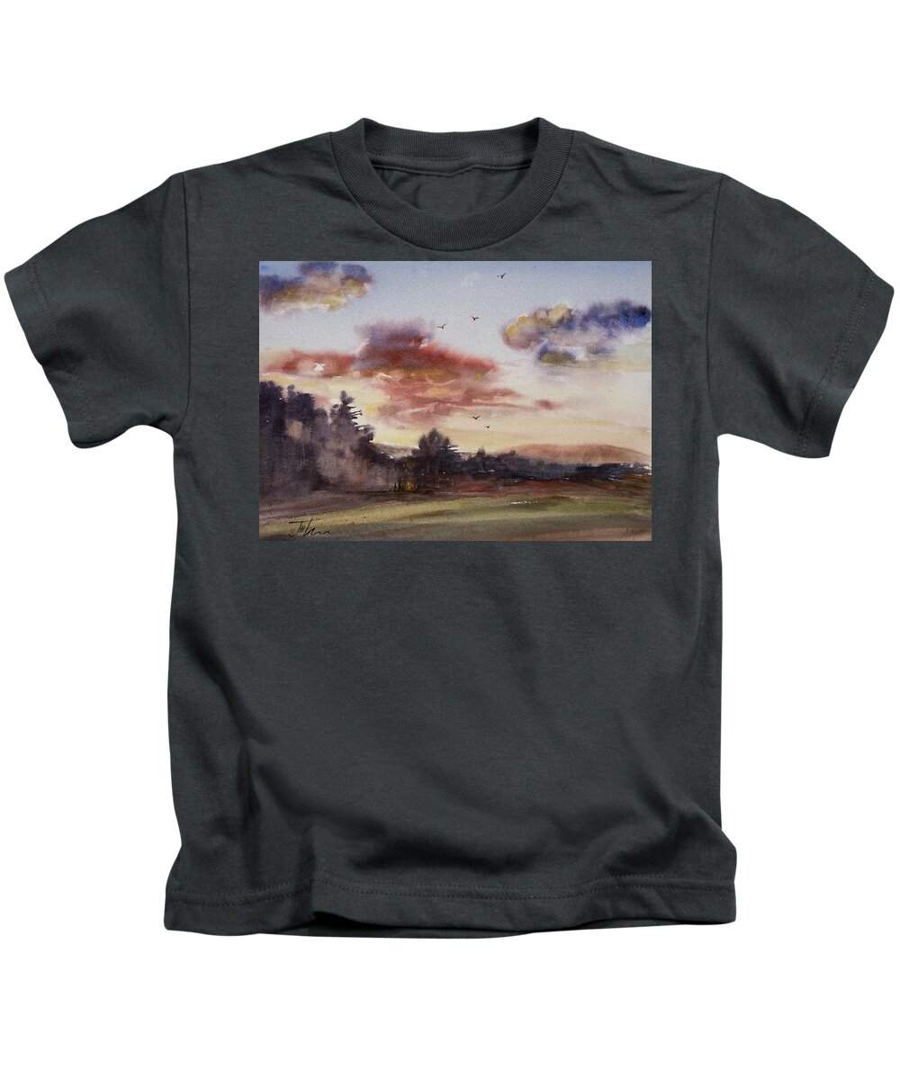 Watercolor Kids T-Shirt featuring the painting Sunset Bonfire by Judith Levins