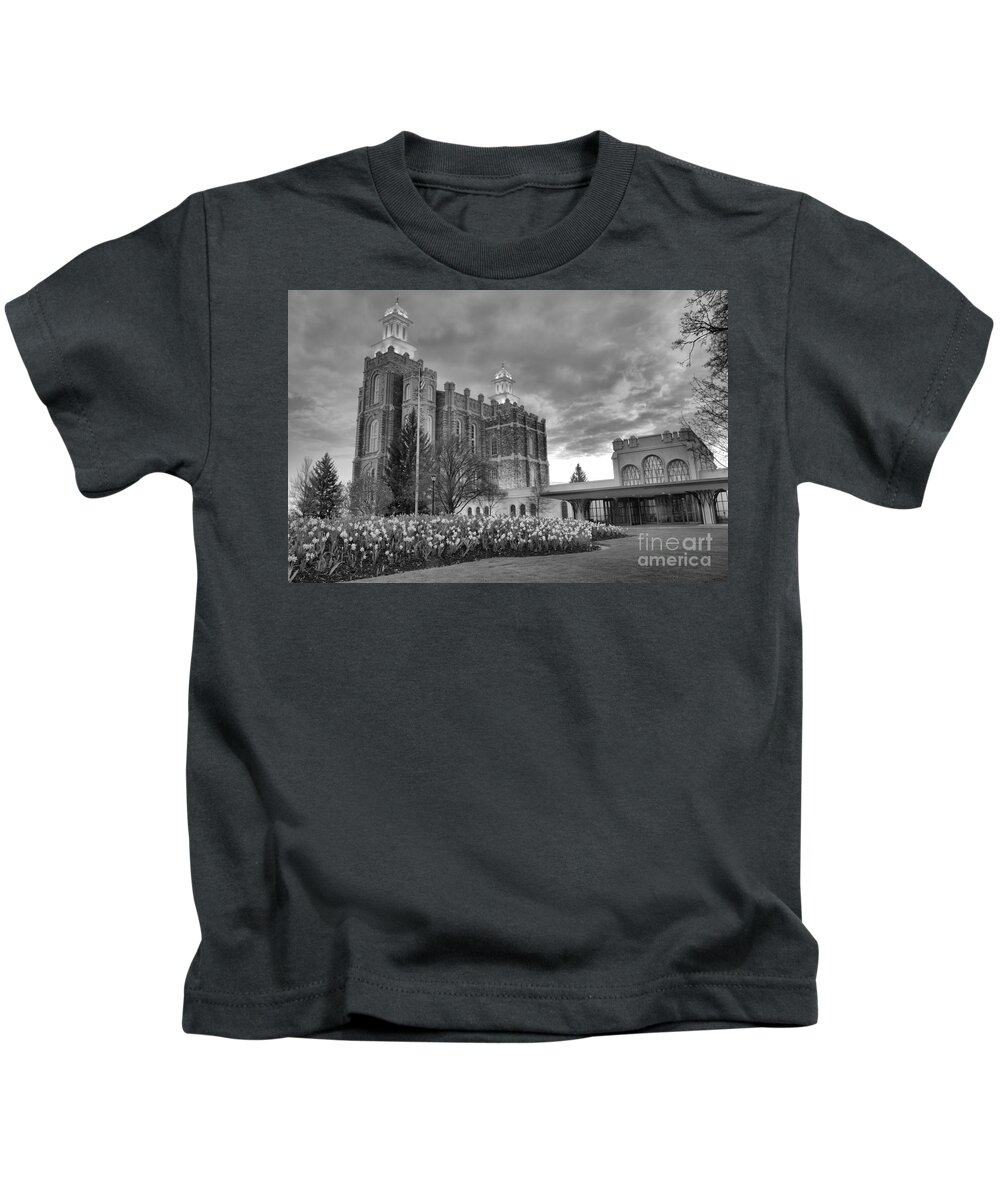 Logan Temple Kids T-Shirt featuring the photograph Sunset Over The Logan Temple Grounds Black And White by Adam Jewell