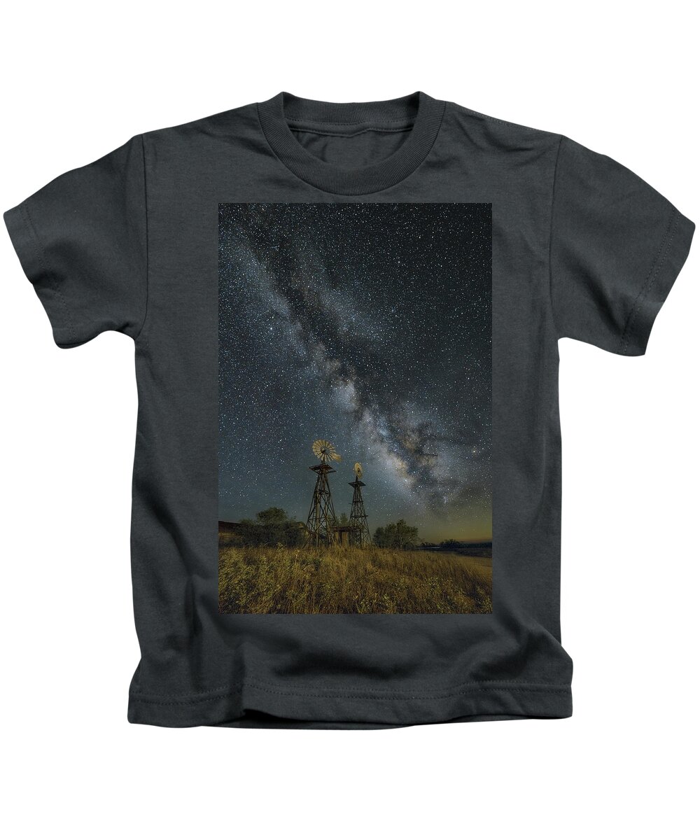 Milky Way Kids T-Shirt featuring the photograph The Galactic Twin Windmills by James Clinich