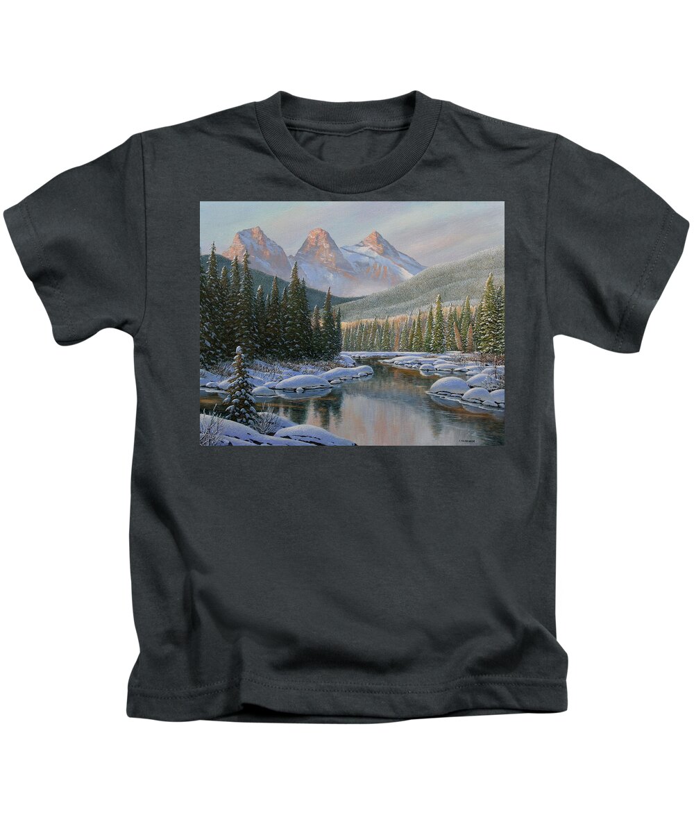 Jake Vandenbrink Kids T-Shirt featuring the painting The New Fallen Snow by Jake Vandenbrink