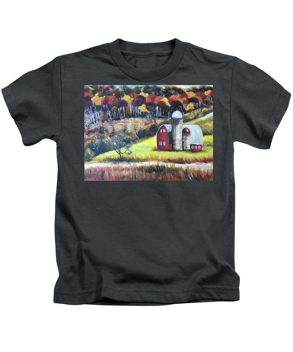 Barn Kids T-Shirt featuring the painting The Silos by Roxy Rich