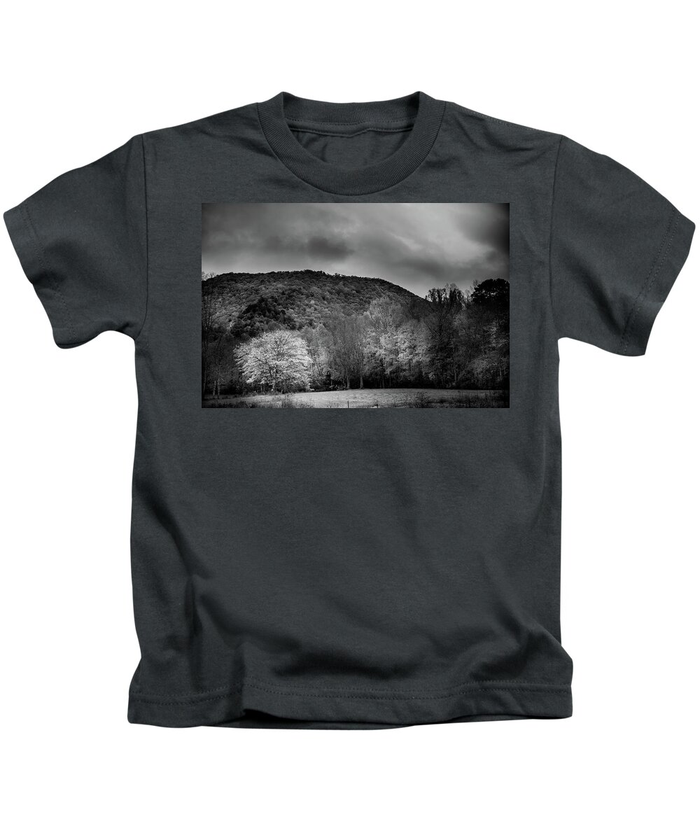 Cherokee County Kids T-Shirt featuring the photograph The Yellow Tree In Black and White by Greg and Chrystal Mimbs
