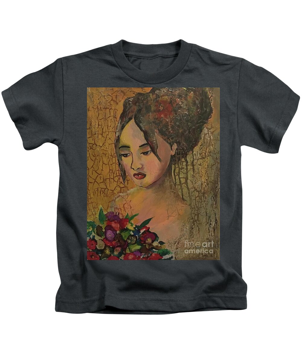 Painting Kids T-Shirt featuring the painting Think of you by Maria Karlosak