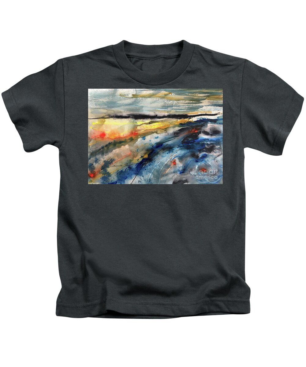 Seascape Watercolor Abstract Impressionism Abstract Landscape Ethereal Water Set Design Abstract Painting Vibrant Color Interior Design Louisiana Artist Blooming Gift Kids T-Shirt featuring the painting Turbulence by Francelle Theriot