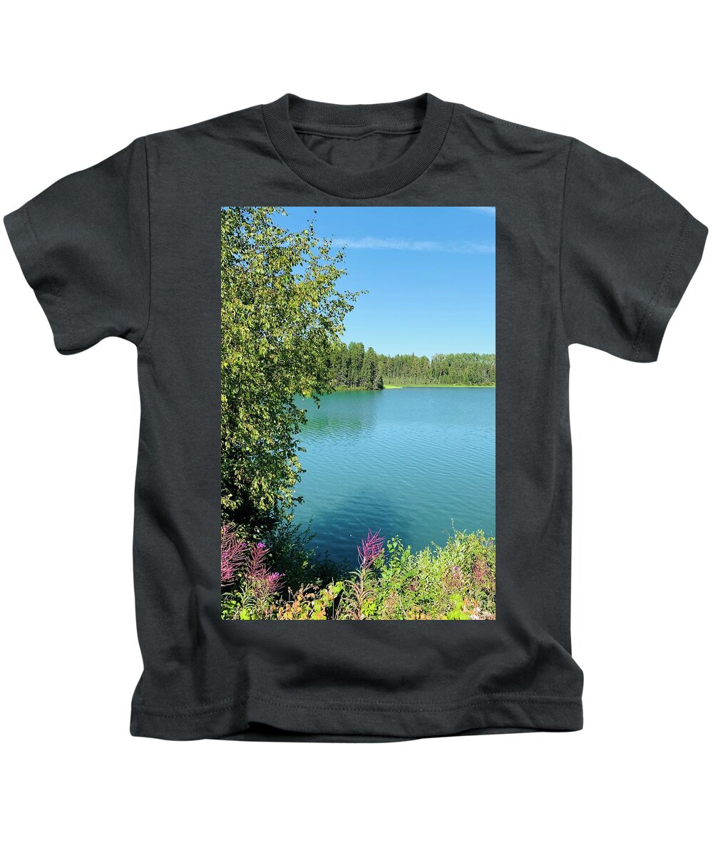 Lake Kids T-Shirt featuring the photograph Turquoise Lake and Wildflowers by Judy Dimentberg