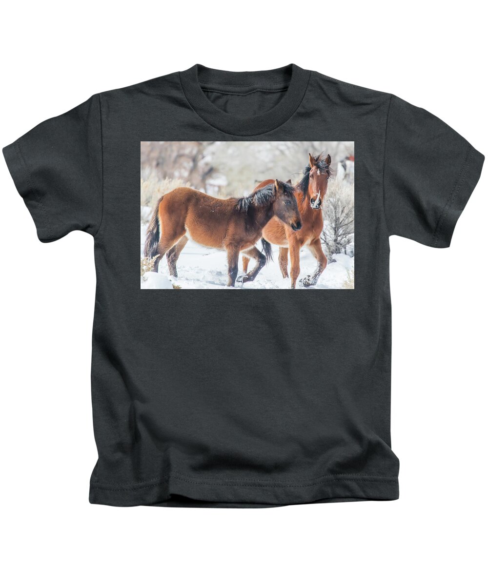 Nevada Kids T-Shirt featuring the photograph Two Horses in the Snow by Marc Crumpler