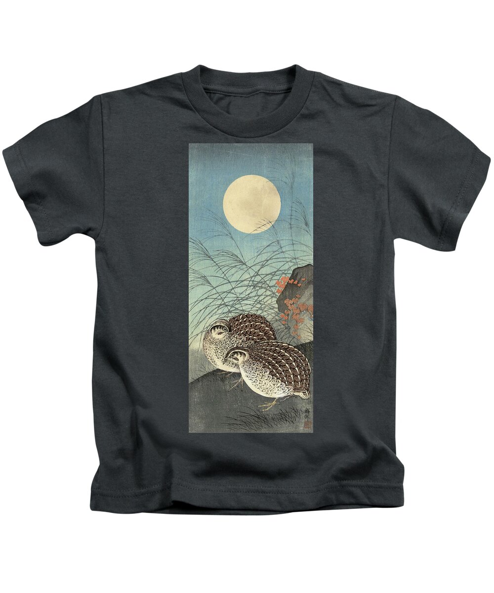 Two Quail At Full Moon Kids T-Shirt featuring the painting Two quail at full moon, 1936 by Ohara Koson