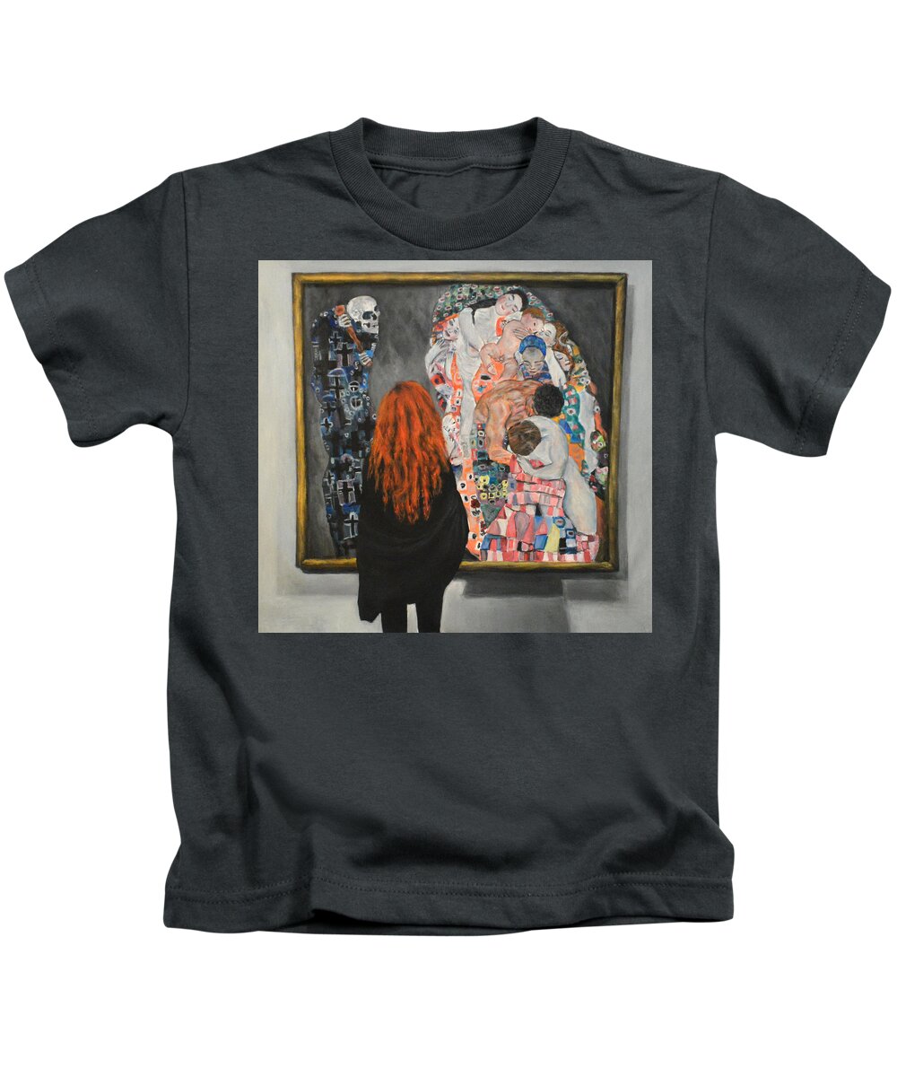 Watching Klimt Death And Life Kids T-Shirt featuring the painting Watching Klimt Death and Life by Escha Van den bogerd