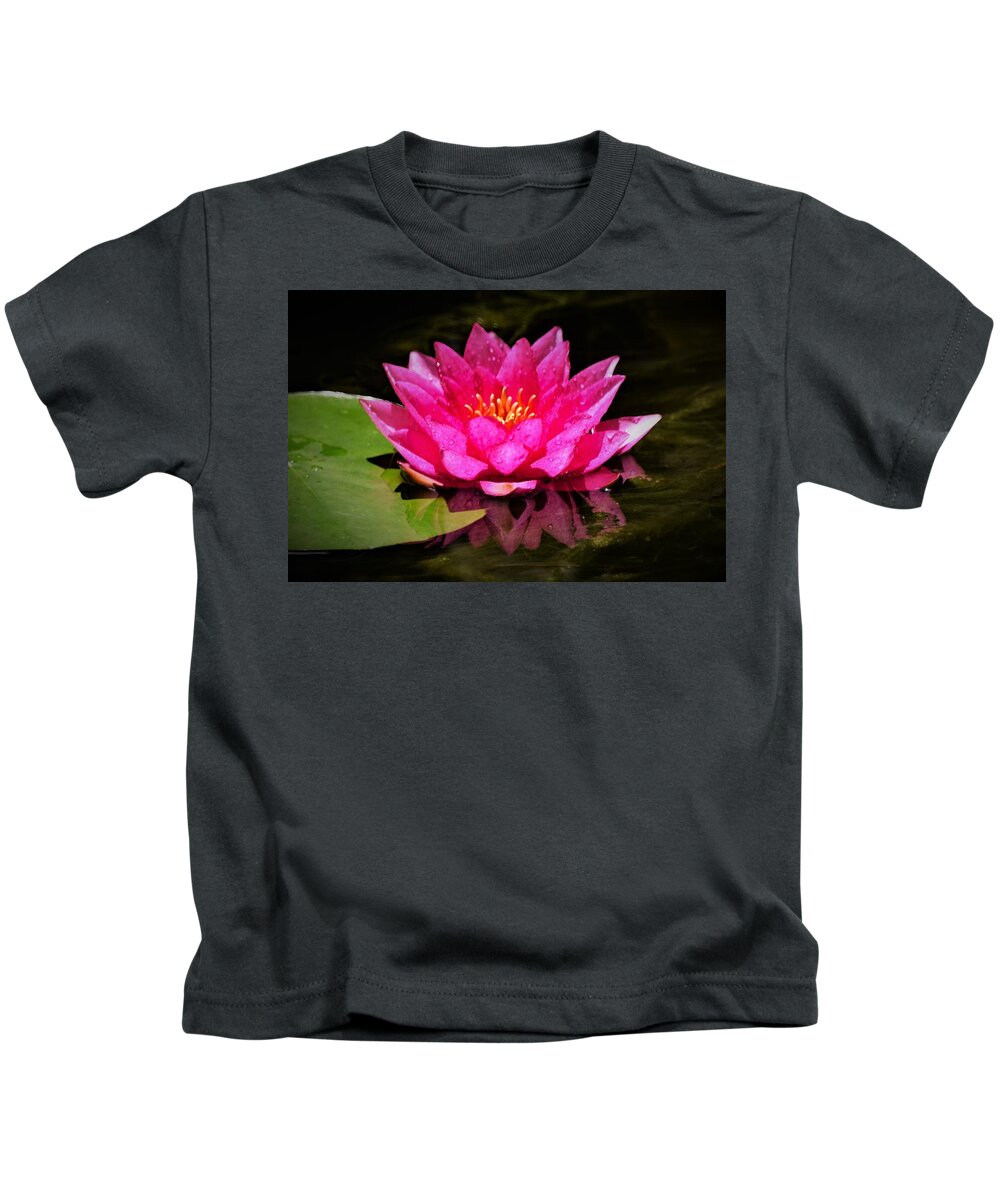 Hot Pink Water Lily Kids T-Shirt featuring the photograph Water Lily Reflection by Mary Ann Artz