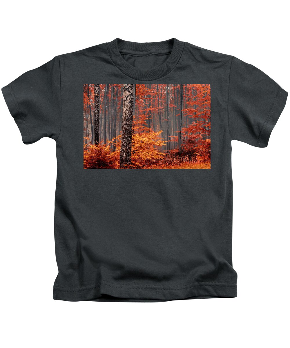 Mist Kids T-Shirt featuring the photograph Welcome To Orange Forest by Evgeni Dinev