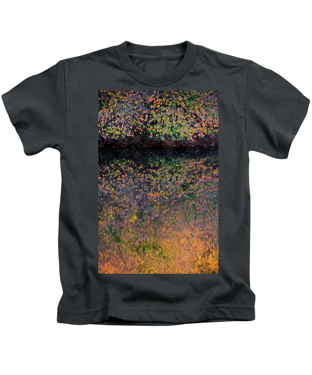 Wild Cherry Kids T-Shirt featuring the photograph Wild Cherry tree in the Fall, golden reflections on the river by Anita Nicholson
