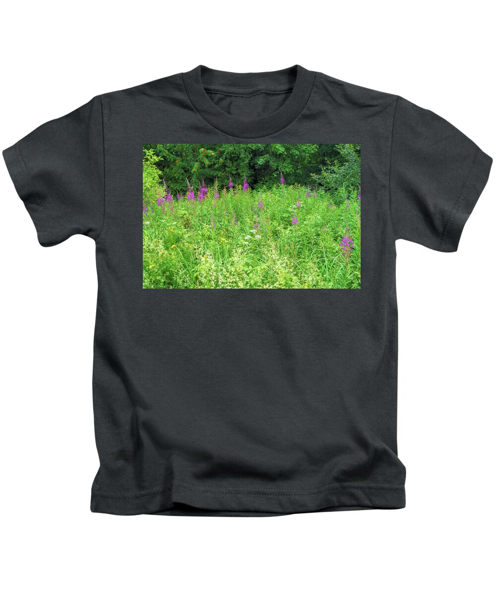 Wild Flowers Kids T-Shirt featuring the photograph Wild flowers and shrubs in Vogelsberg by Sun Travels