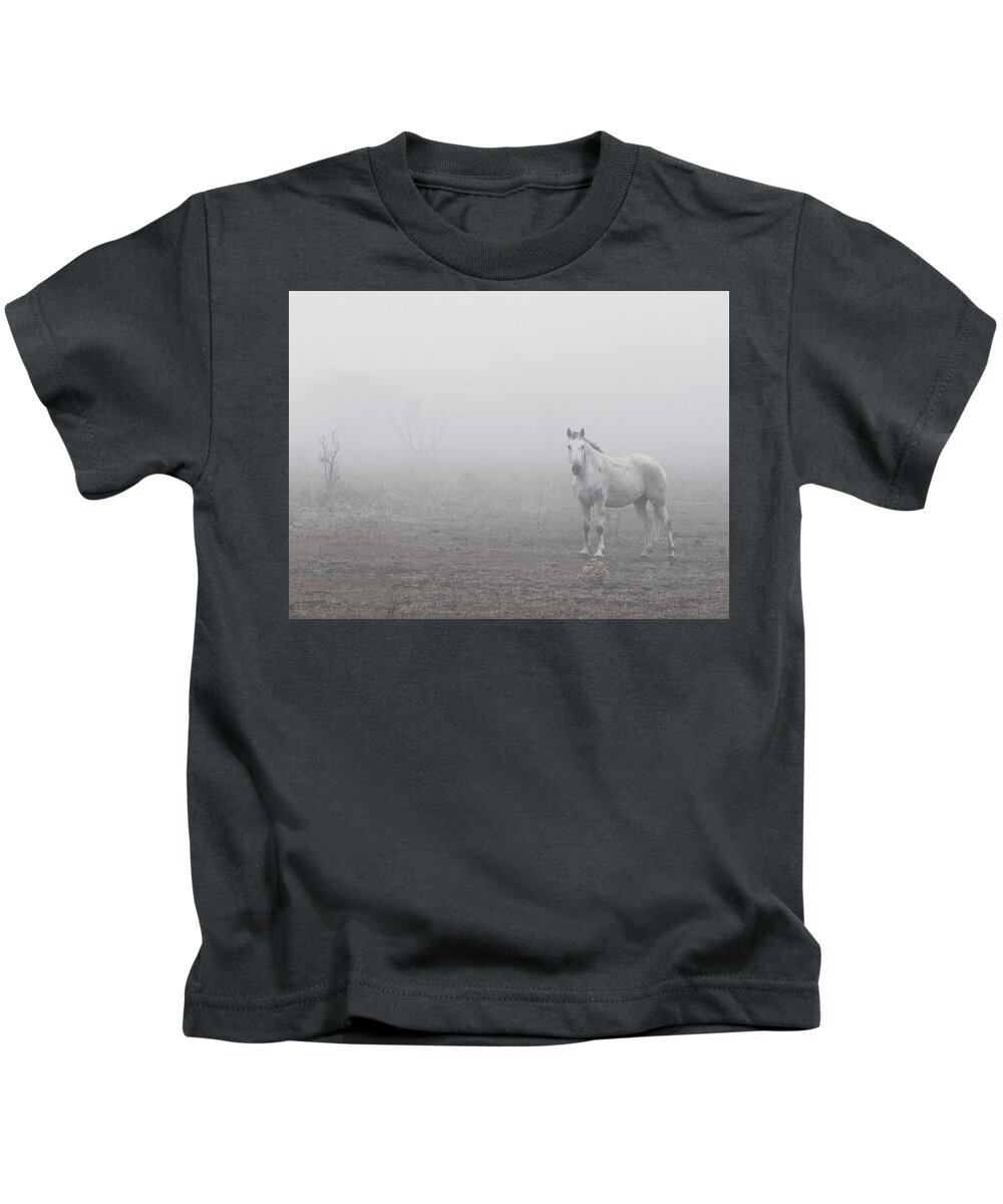 White Horse Kids T-Shirt featuring the photograph Wild Horse Fog by See It In Texas
