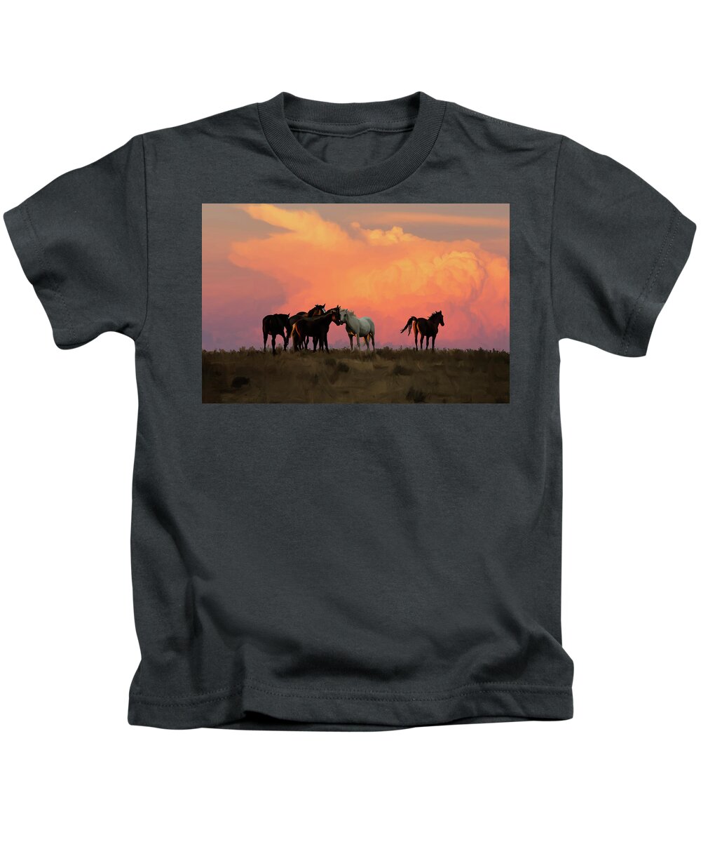 Horses Kids T-Shirt featuring the mixed media Wild Horse Sunset in Ute Country by Jonathan Thompson