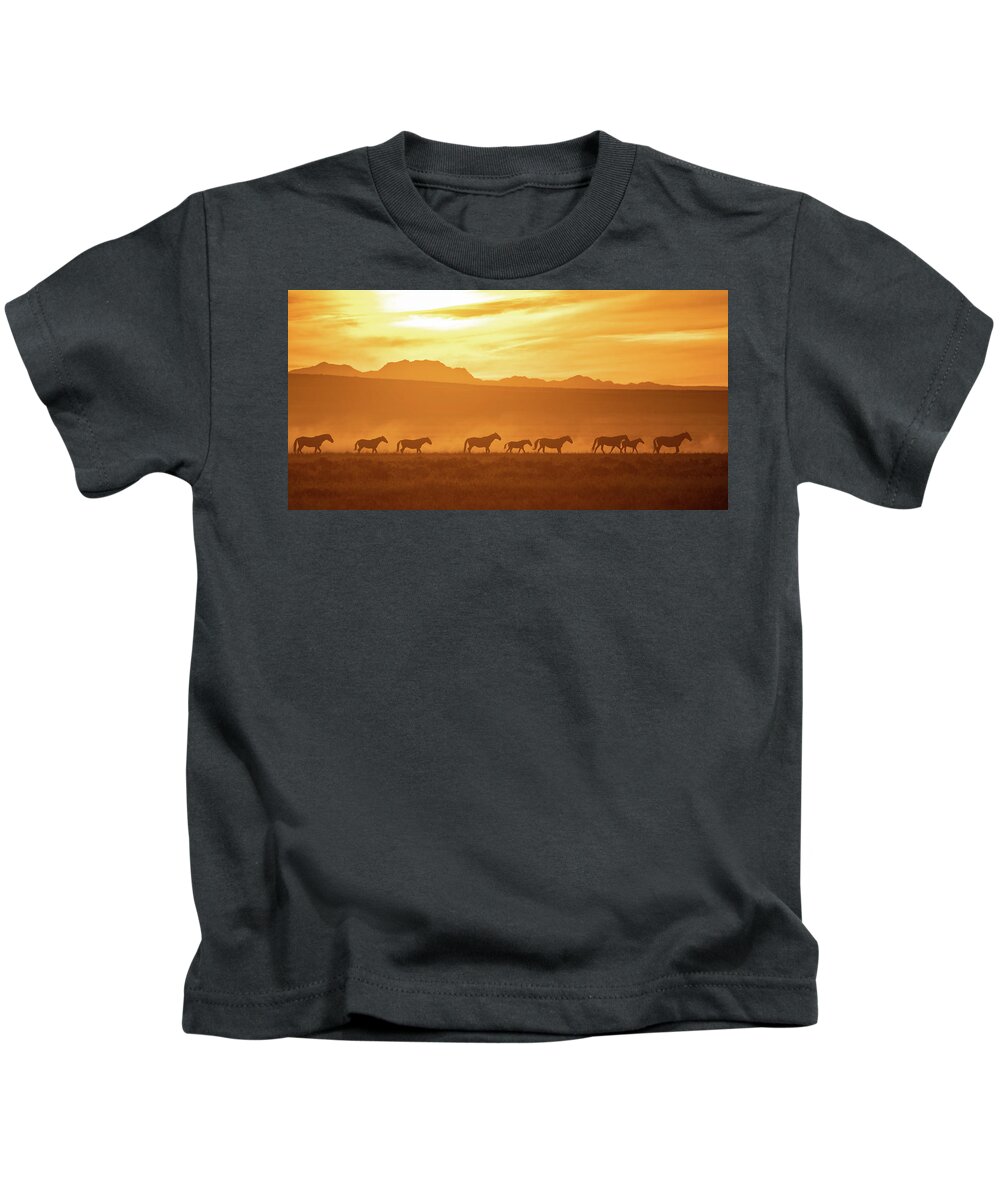 Wild Horses Kids T-Shirt featuring the photograph Wild Sunset by Mary Hone