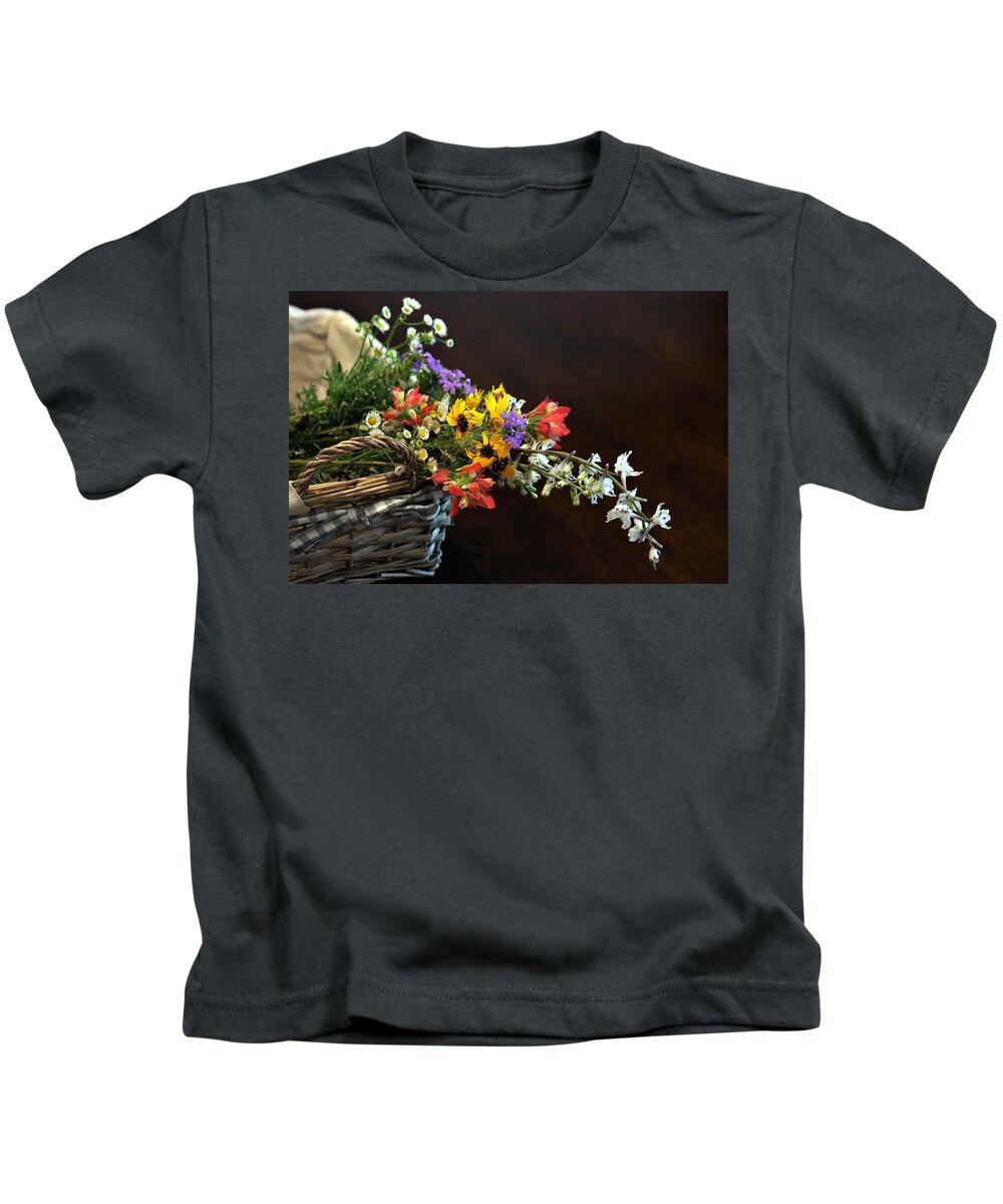 Nature Kids T-Shirt featuring the photograph Wildflowers in a Basket on Black by Sheila Brown