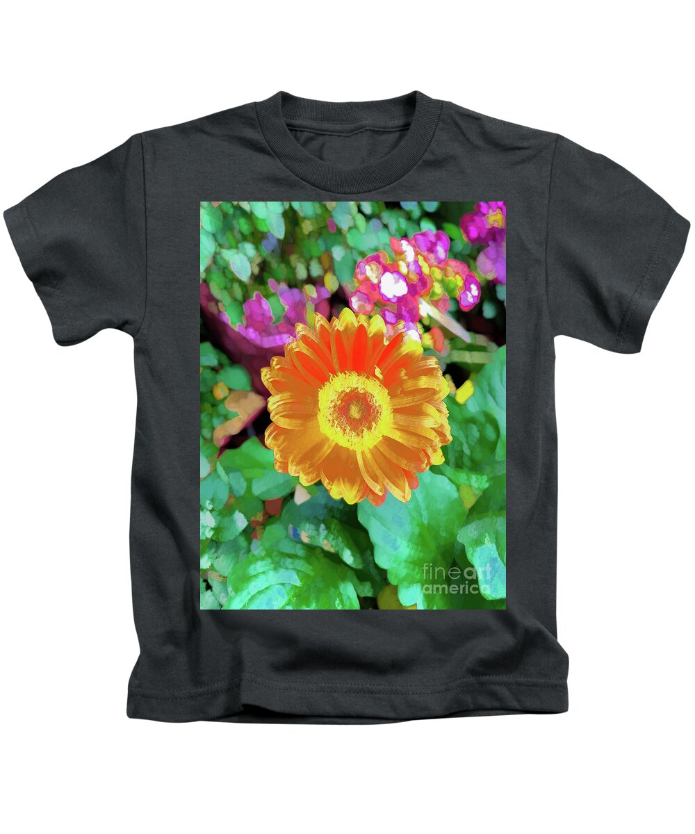 Abstract Kids T-Shirt featuring the photograph Yellow flower with green leaf abstract by Phillip Rubino