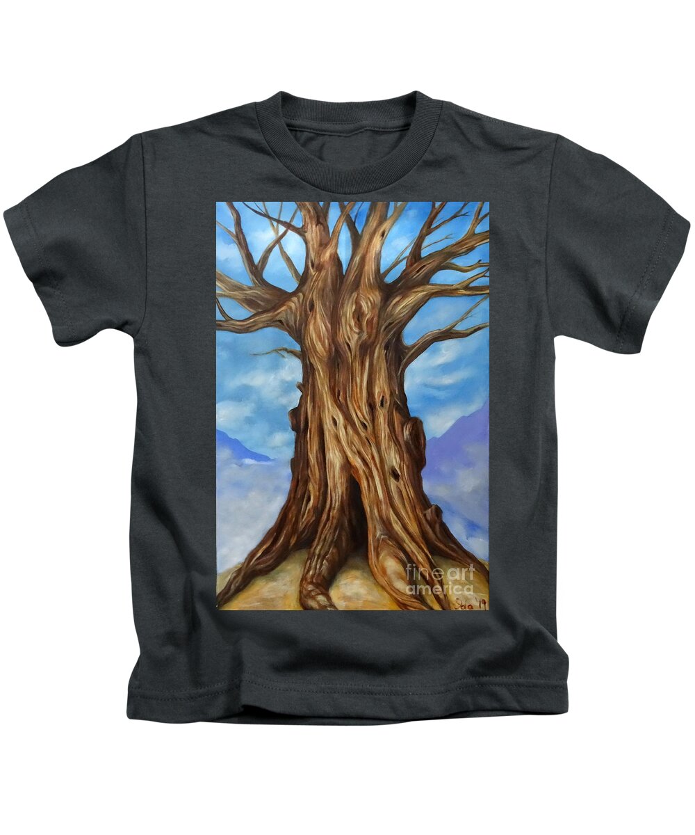 Tree Landscape Sky Ground Mountain Clouds Mist Light Dark Shadow Colour White Blue Brown Yellow Grey Orange Mystery Allegory Life Kids T-Shirt featuring the painting Yggdrasill by Ida Eriksen