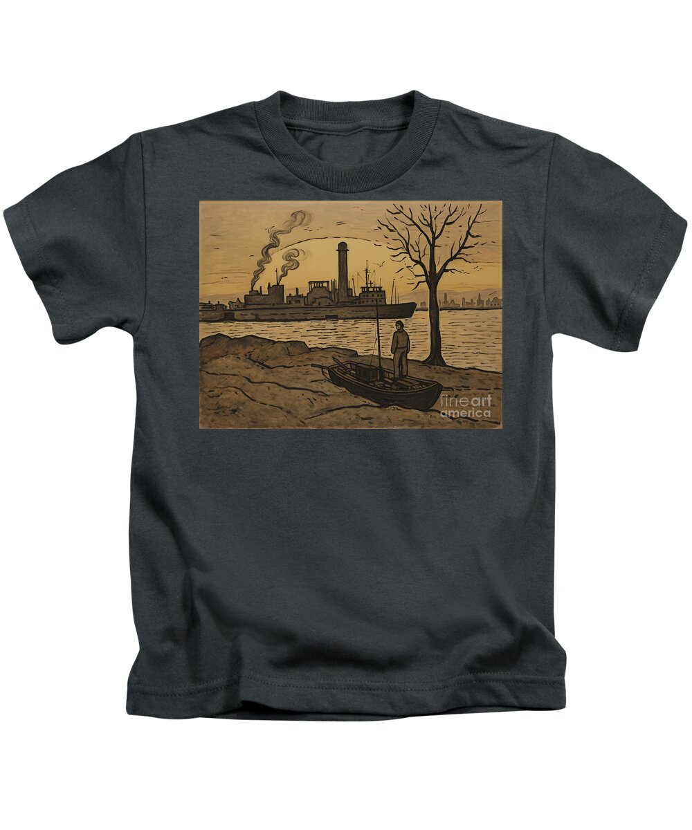 Figure Kids T-Shirt featuring the painting 1930s Liverpool harbour scene viewed at dusk by Asar Studios by Celestial Images