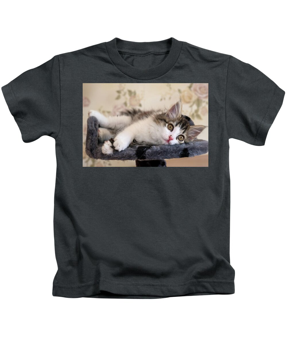 Cat Kids T-Shirt featuring the photograph Kitten Lying On Bed And Looking At Camera #1 by Mikhail Kokhanchikov