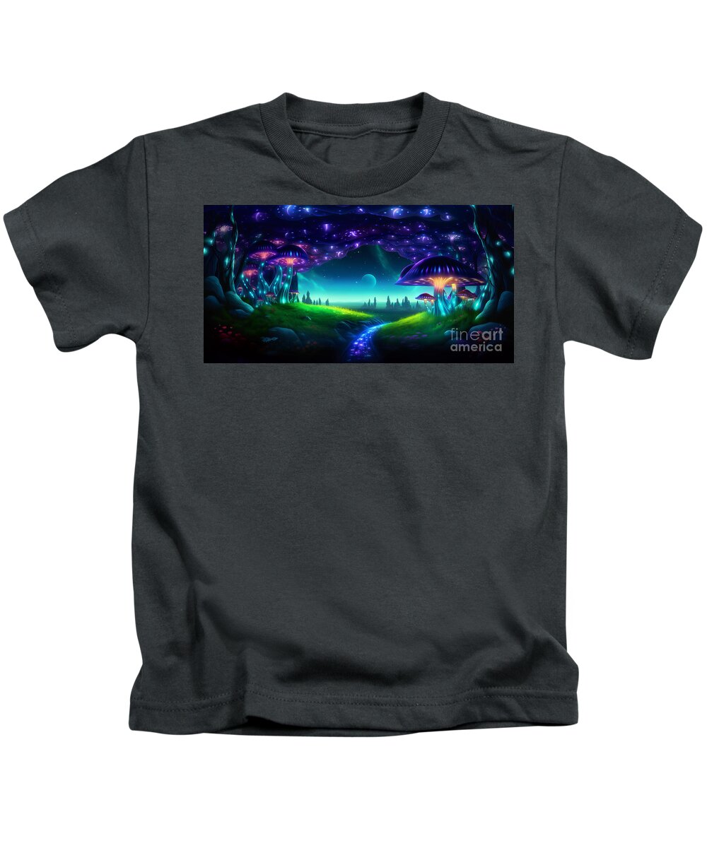 Fireflies Kids T-Shirt featuring the digital art Magical fairy tale landscape with many shining mushrooms and glow of fireflies. #1 by Odon Czintos