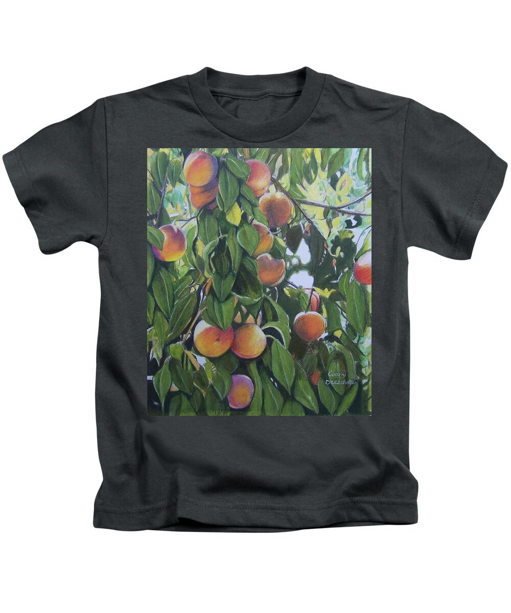 Peaches Kids T-Shirt featuring the mixed media Peaches #1 by Constance DRESCHER