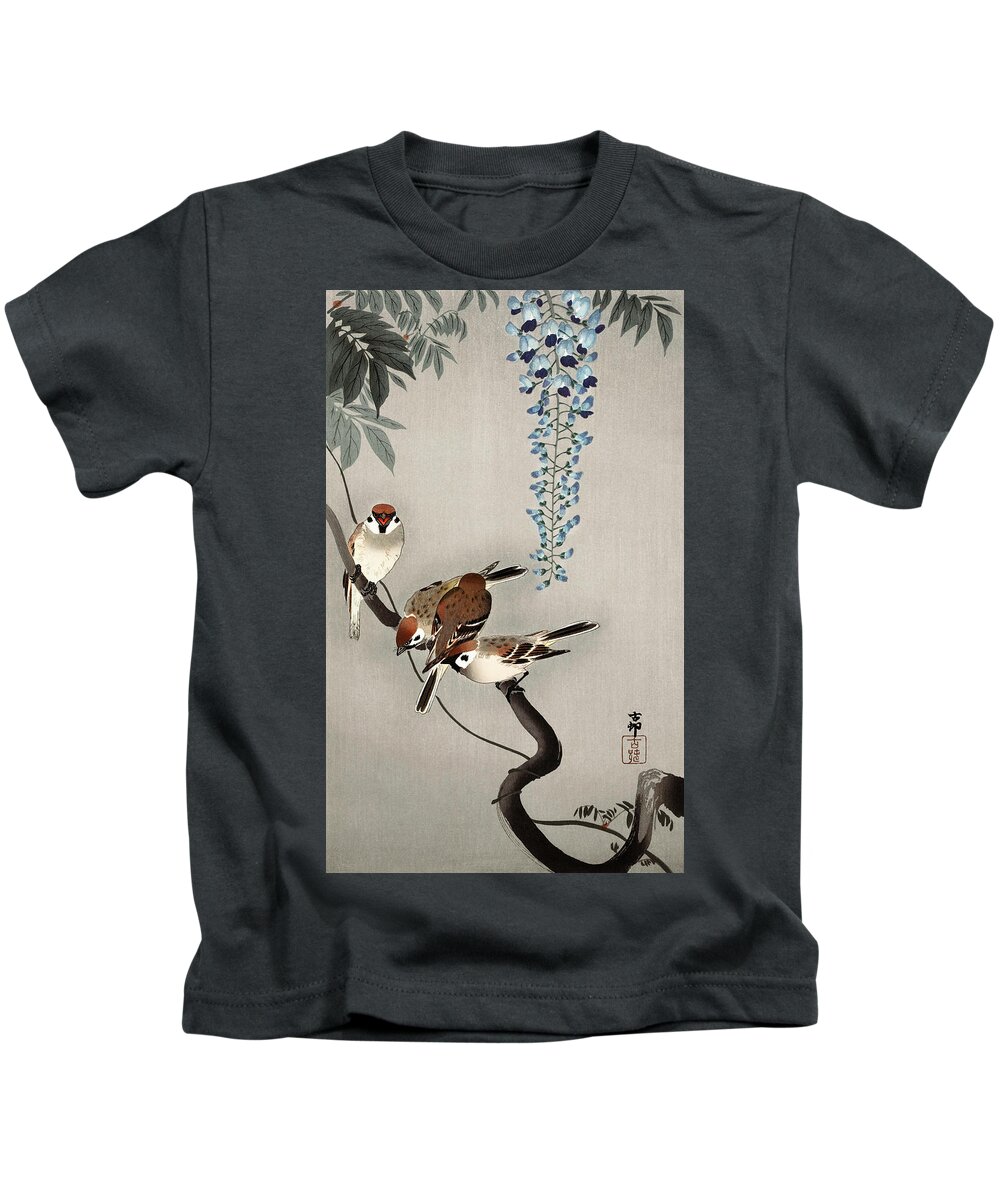 Vintage Print Kids T-Shirt featuring the mixed media Ring Sparrows at Wisteria #1 by World Art Collective