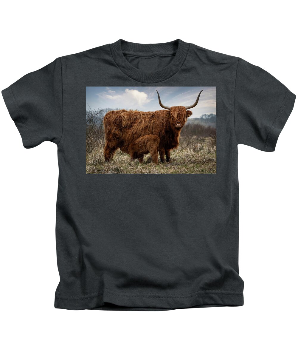 Mammal Kids T-Shirt featuring the photograph Scottish Highlander With Calf #1 by Marjolein Van Middelkoop