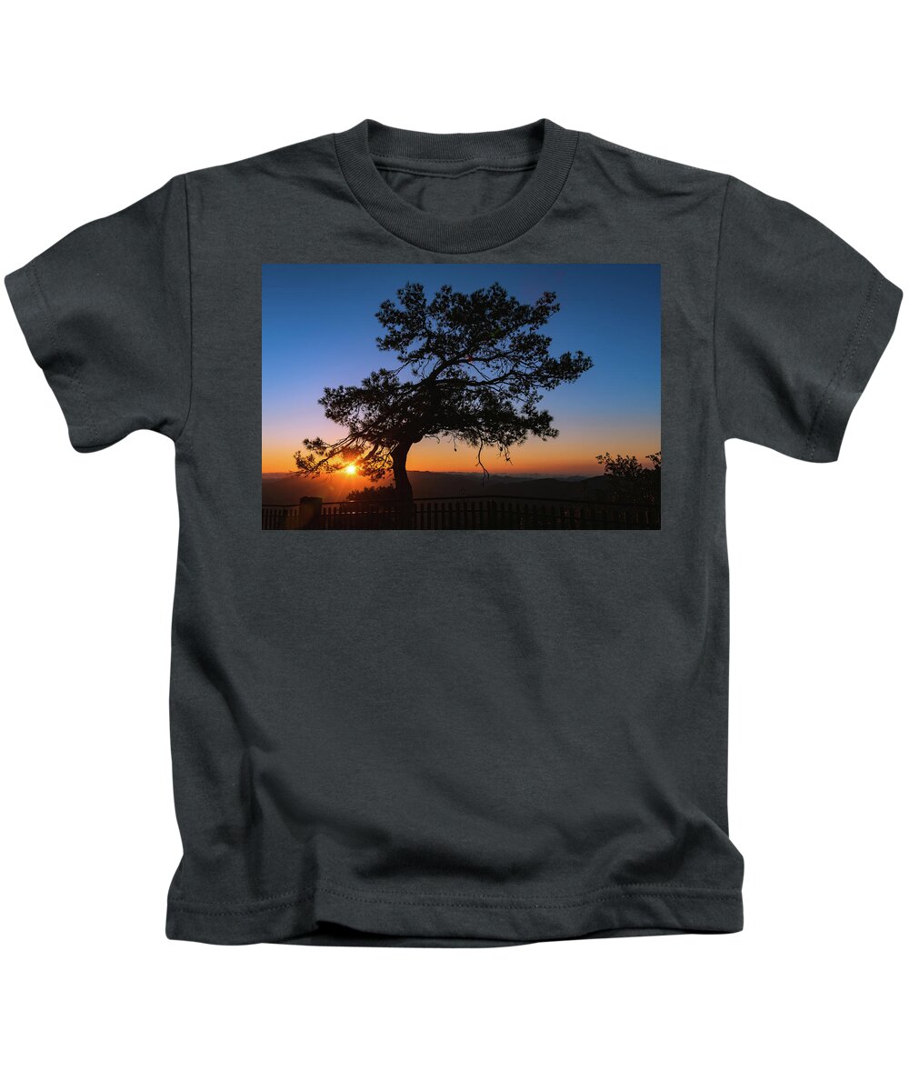 Cyprus Kids T-Shirt featuring the photograph Silhouette of a forest pine tree during blue hour with bright sun at sunset. #1 by Michalakis Ppalis