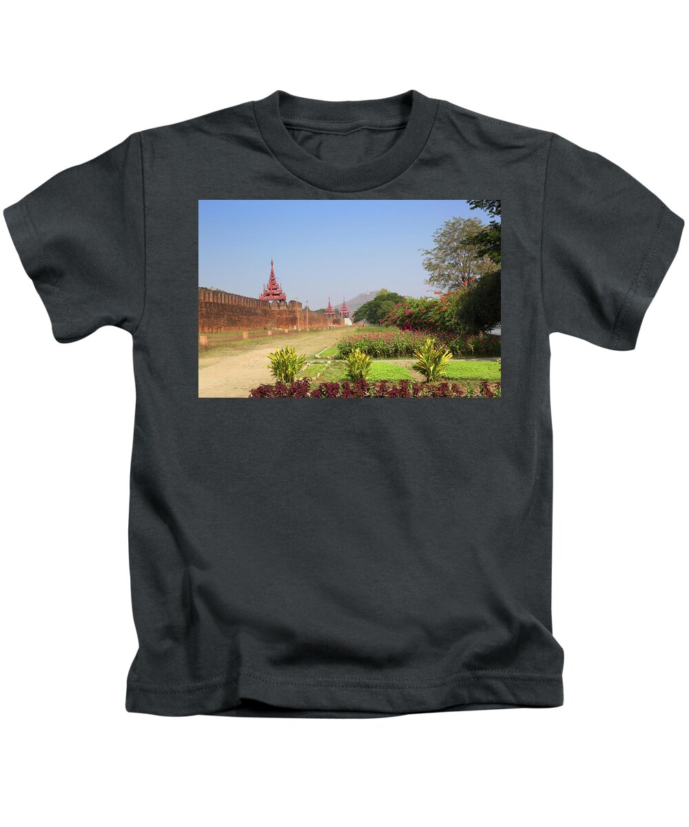 Mandalay Kids T-Shirt featuring the photograph Wall of Royal Palace and Mandalay Hill #1 by Mikhail Kokhanchikov