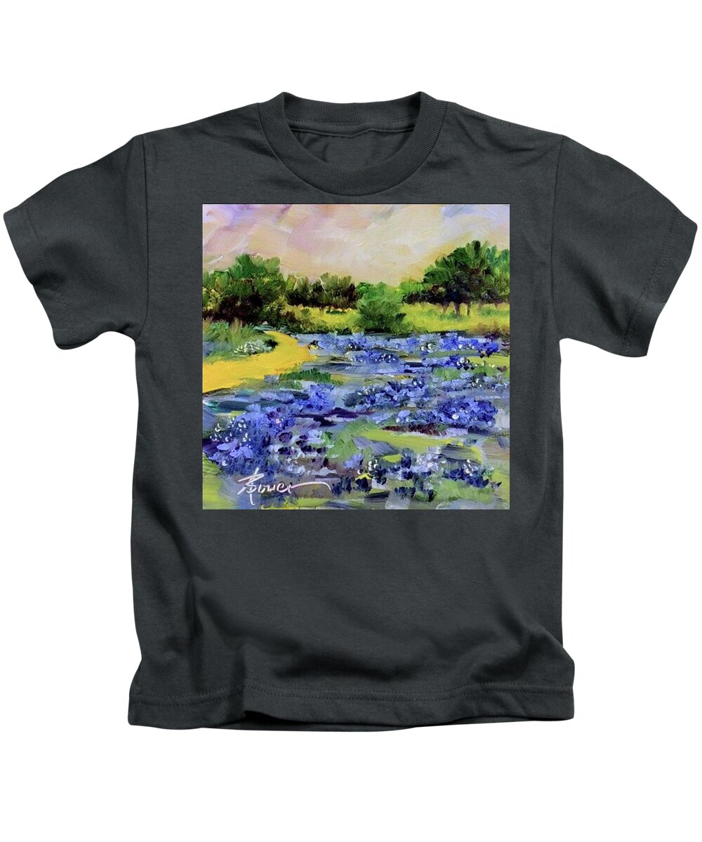 Bluebonnets Kids T-Shirt featuring the painting Where The Beautiful Bluebonnets Grow #2 by Adele Bower