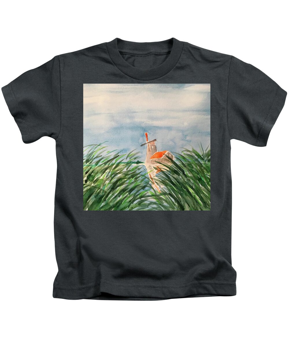  Kids T-Shirt featuring the painting Windmill Outside Amsterdam #1 by John Macarthur