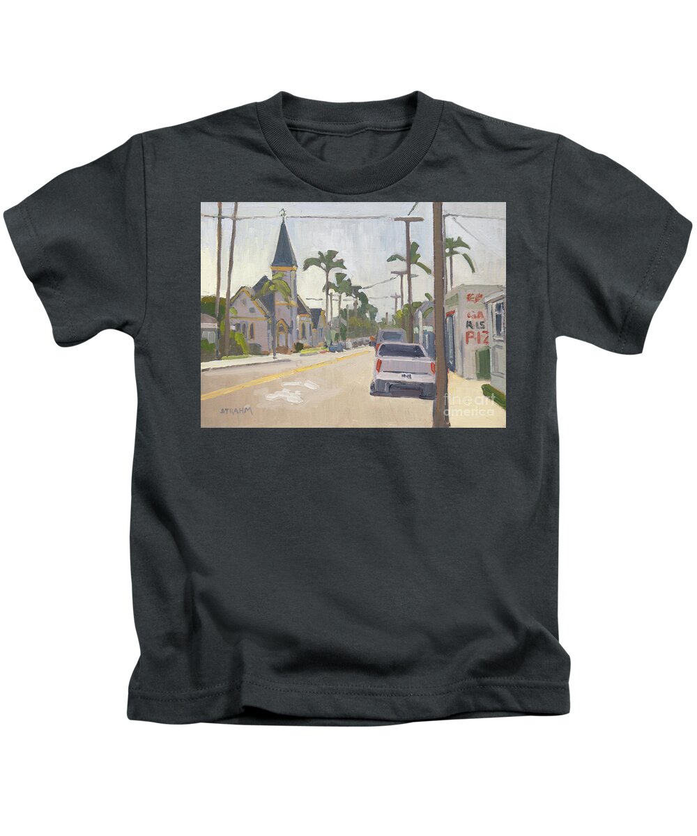 Graham Memorial Presbyterian Church Kids T-Shirt featuring the painting 10th and C, Coronado, California by Paul Strahm