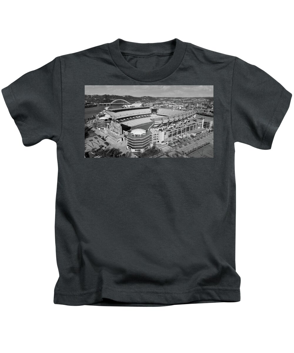 Pittsburgh Steelers Kids T-Shirt featuring the photograph Pittsburgh Steelers Heinz Field in Pittsburgh Pennsylvania in black and white #11 by Eldon McGraw