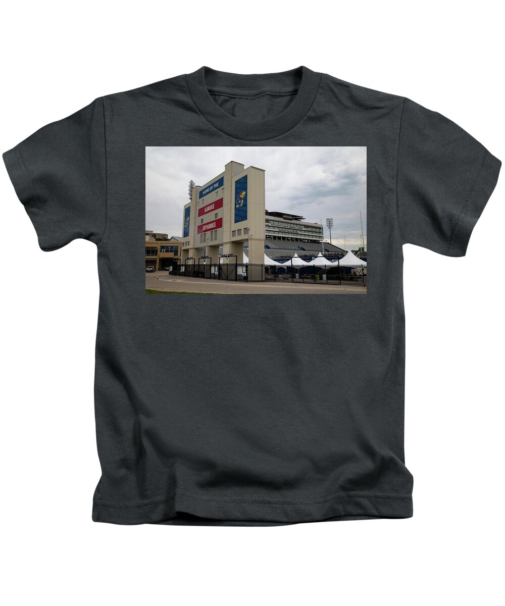 Kansas Jayhawks Kids T-Shirt featuring the photograph Home of the Kansas Jayhawks sign at University of Kansas by Eldon McGraw