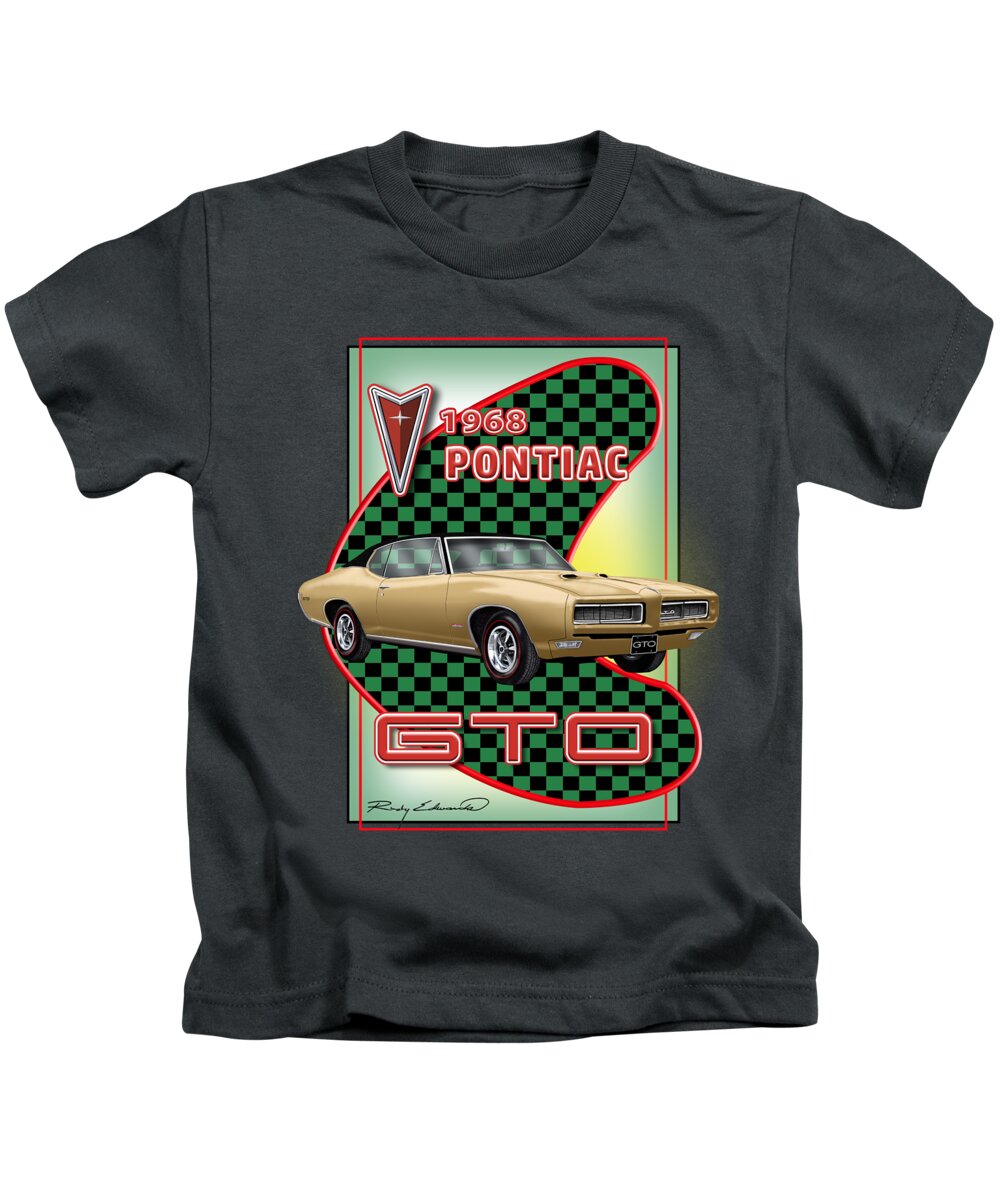 Pontiac Kids T-Shirt featuring the drawing 1968 Pontiac GTO GOLD Muscle Car Art by Alison Edwards