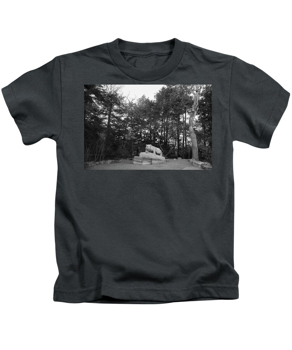 State College Pennsylvania Kids T-Shirt featuring the photograph Nittany Lion Shrine at Penn State University in black and white #2 by Eldon McGraw