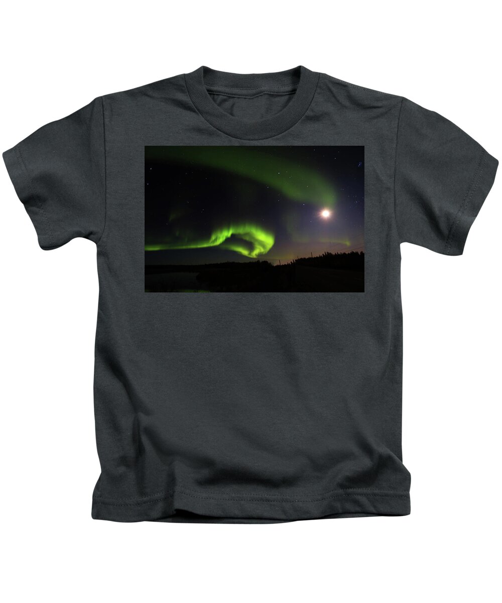 Northern Lights Kids T-Shirt featuring the photograph Northern Lights Dancing with the Moon #2 by Shixing Wen