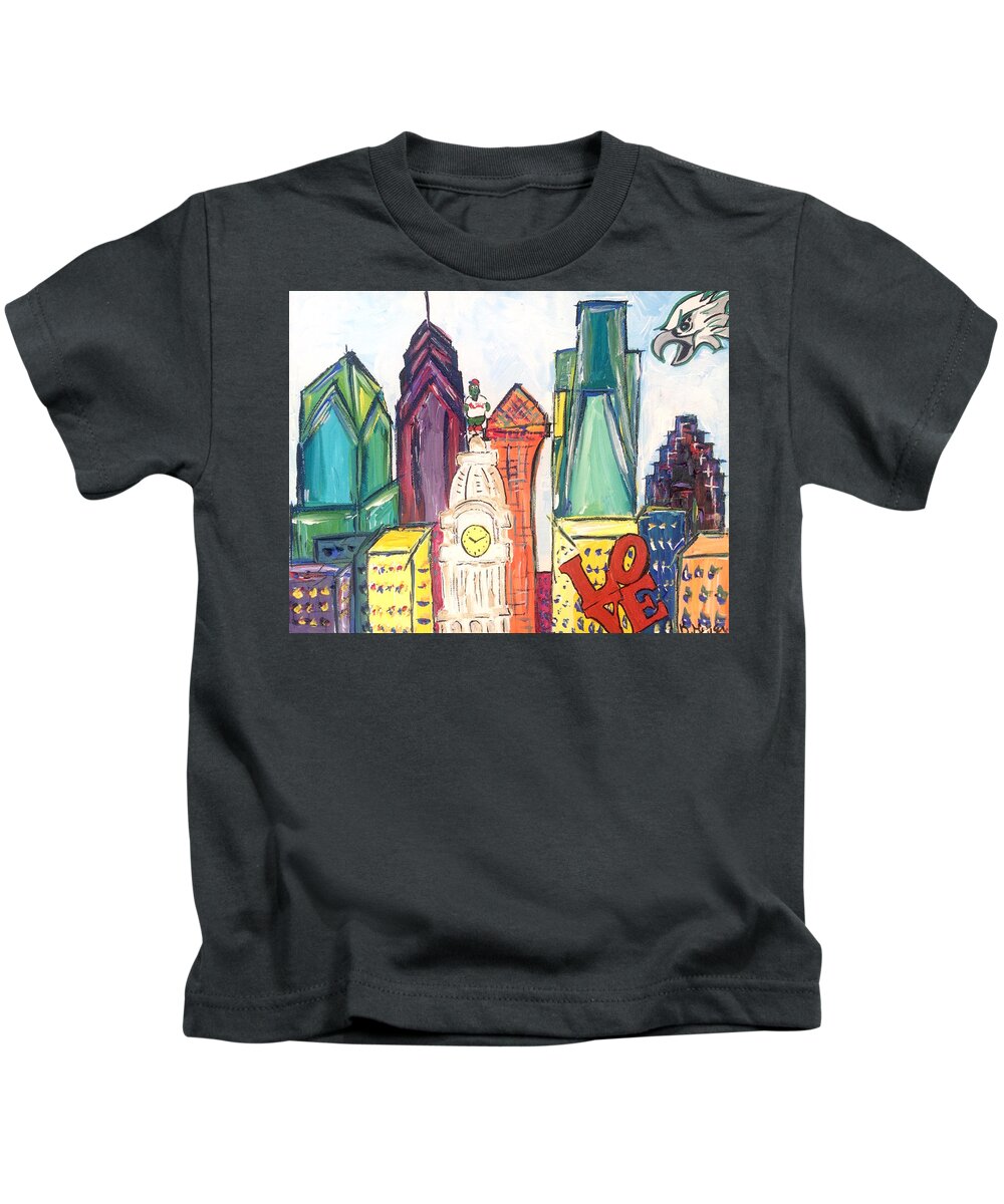 Philly Kids T-Shirt featuring the painting Philadelphia Skyline with Eagles by Britt Miller